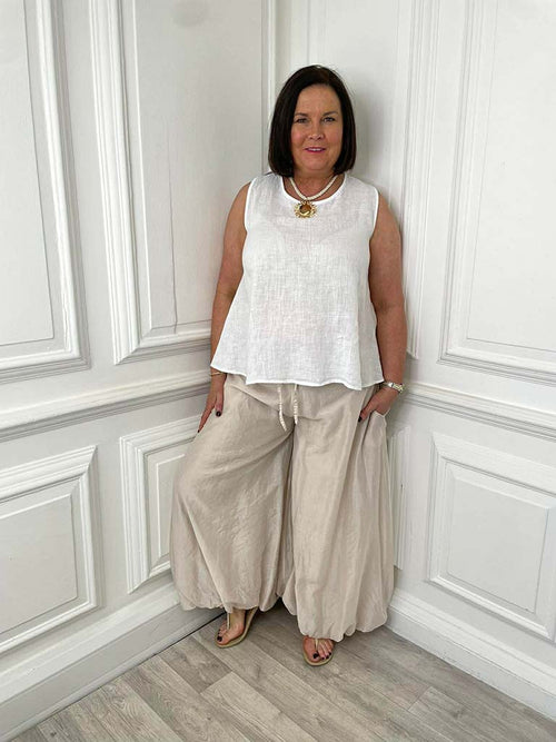 Linen Button Back Top - White
