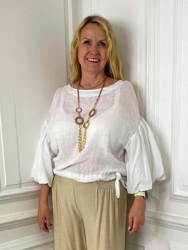 Linen Puff Sleeve Top - White