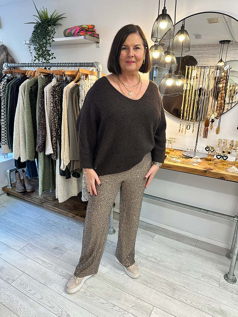 Malissa J Wide Leg Sequin Trousers - Latte