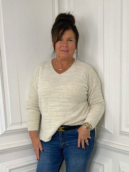 Eyelash V-Neck Knit - Stone