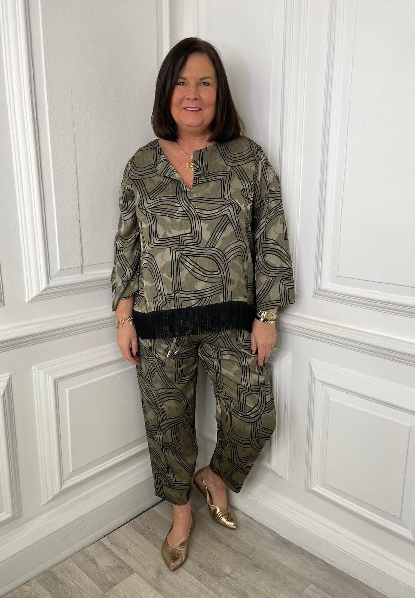 Taupe abstract print fisherman trousers styled for womens fashion with relaxed fit and everyday wear appeal. - Malissa J Abstract Fisherman Trousers - Taupe