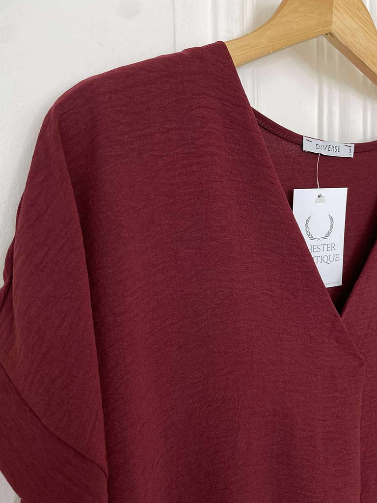 V-Neck Pleat Front Top - Burgundy