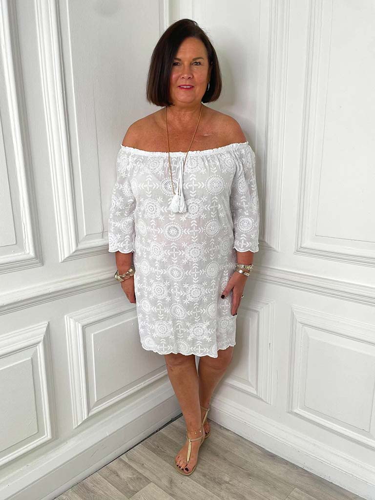 Cotton Bardot Embroidered Dress