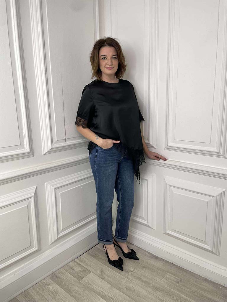 Lace Trim Asymmetric Top - Black