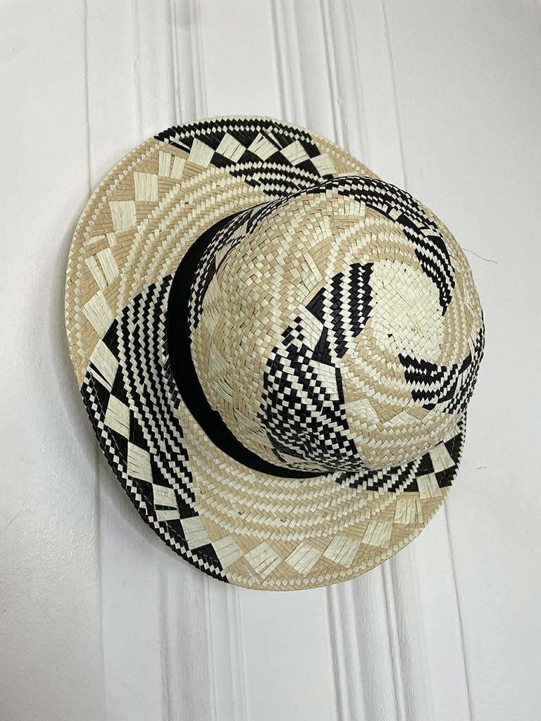 Black and beige abstract patterned straw hat for womens fashion with relaxed styling and everyday wear appeal. - Malissa J Abstract Straw Hat - Black