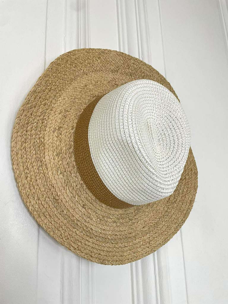 Two-tone straw hat with beige brim and white crown, ideal for womens fashion and relaxed styling. - Malissa J Two-Tone Straw Hat