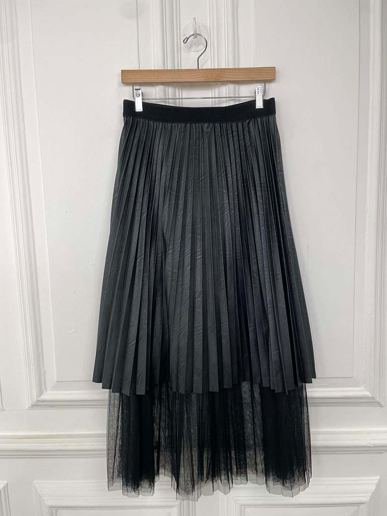 Faux Leather & Tulle Pleat Skirt - Black