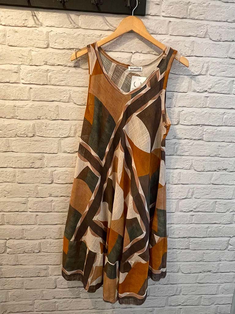 Abstract Print A-Line Dress - Chocolate & Tan