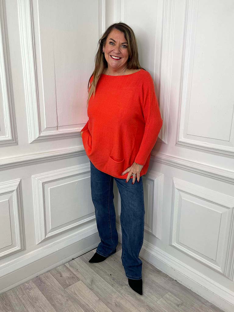 Ribbed Sleeve Pocket Knit - Orange