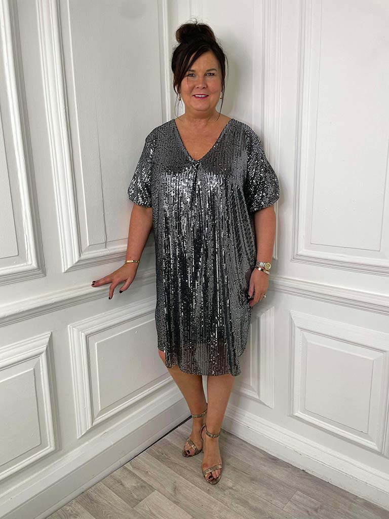 Sequin V-Neck Dress - Pewter