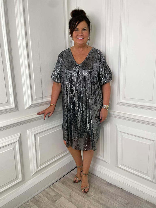 Sequin V-Neck Dress - Pewter