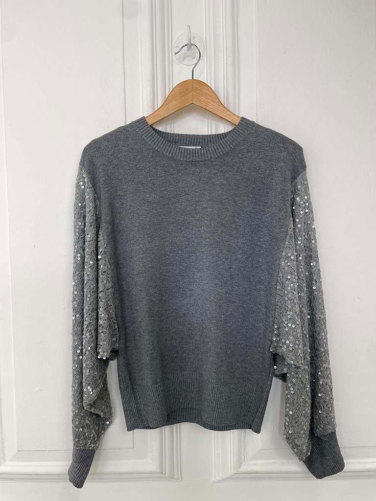 Sequin Lace Sleeve Knit - Silver Grey