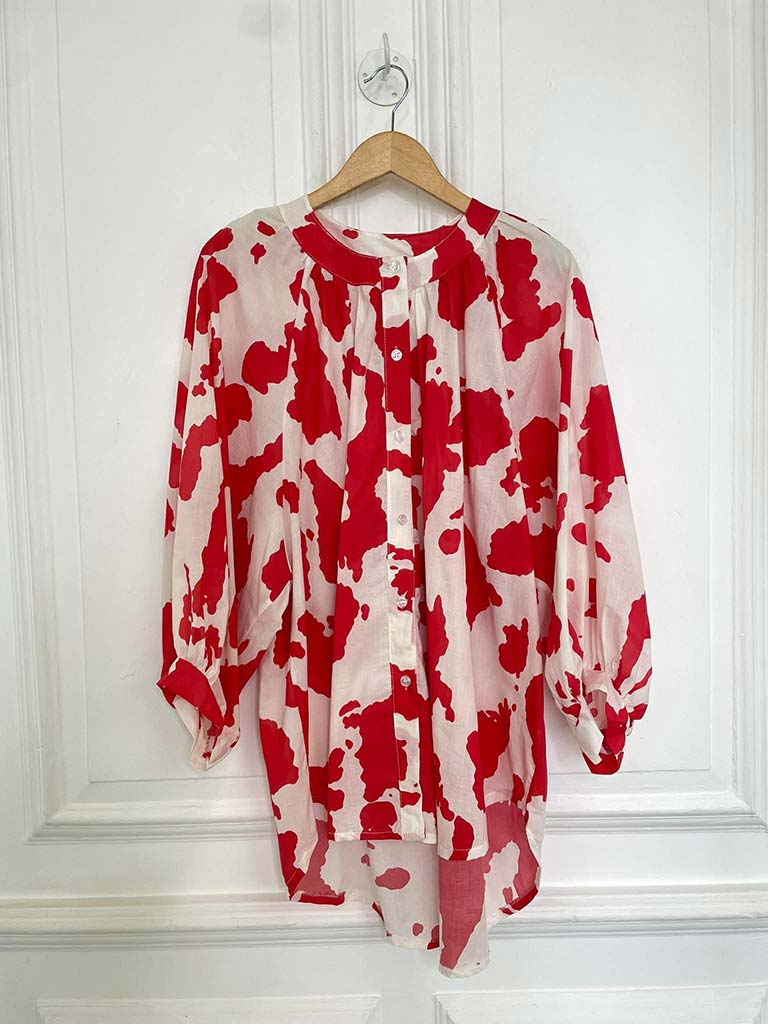 Balloon Sleeve Cow Print Blouse - Red