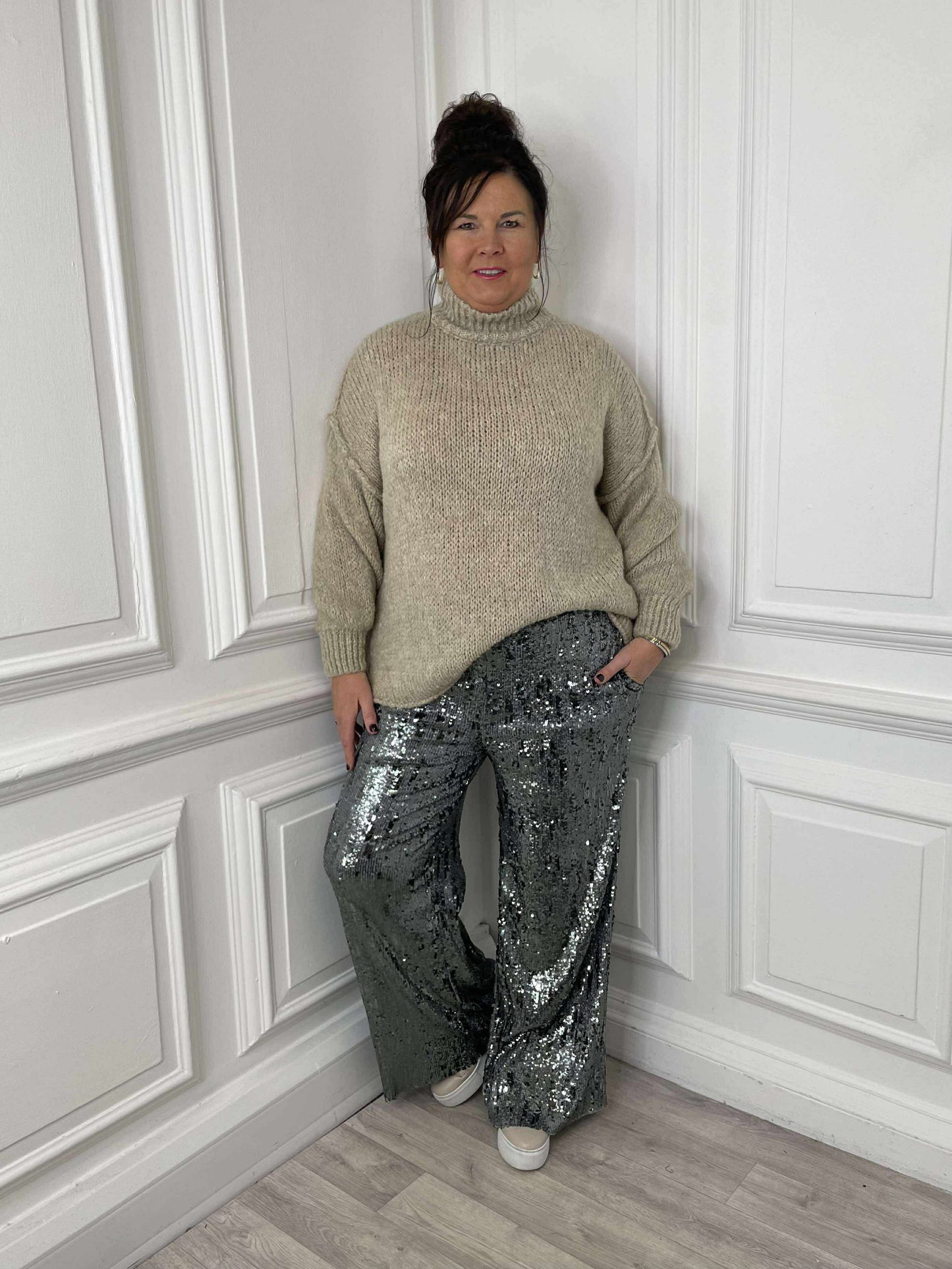 Sequin Wide Leg Trousers - Steel
