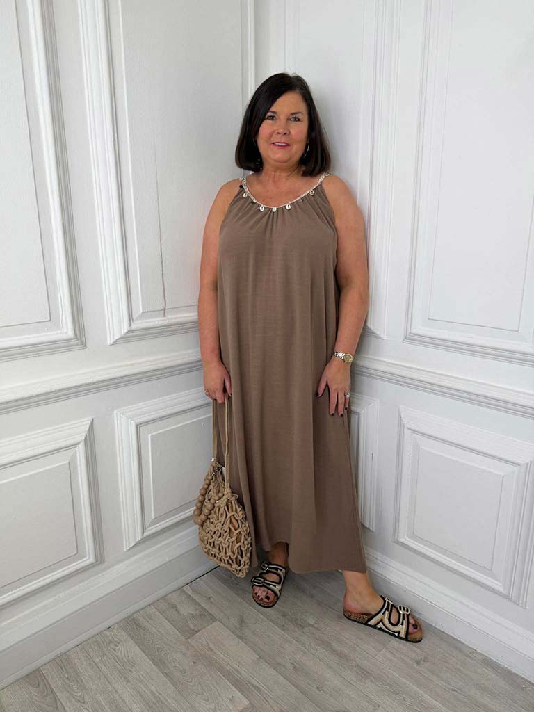 Boho Embellished Maxi Dress - Cappuccino