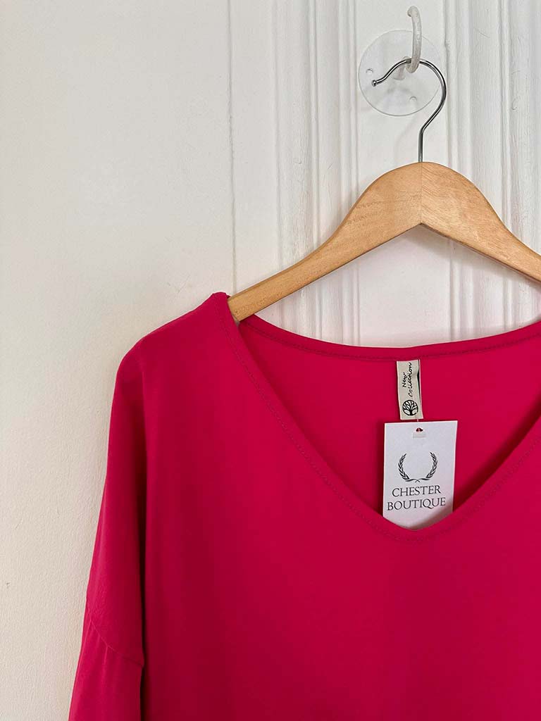 V-Neck Scooped Hem Top - Cerise