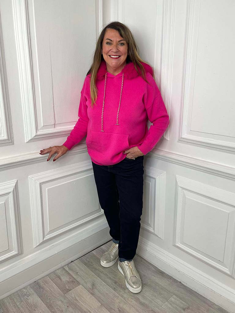 Malissa J Faux Fur Hooded Knit - Hot Pink