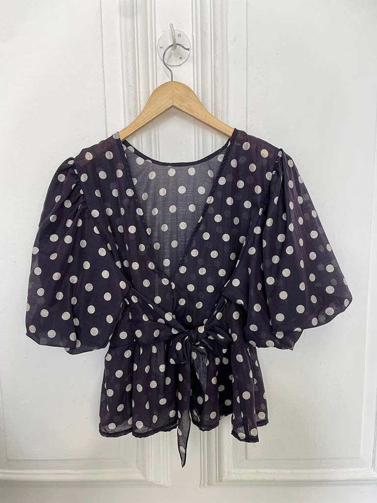 Polka Dot Puff Sleeve Top - Navy