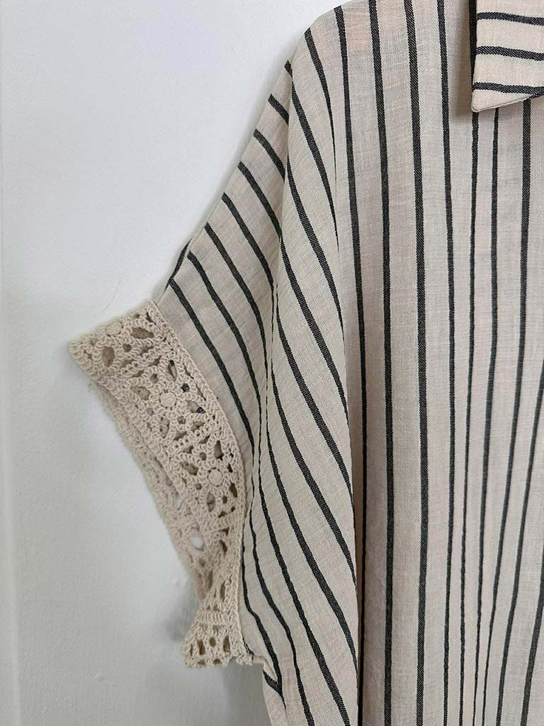 Stripe & Crochet Detail Shirt - Black