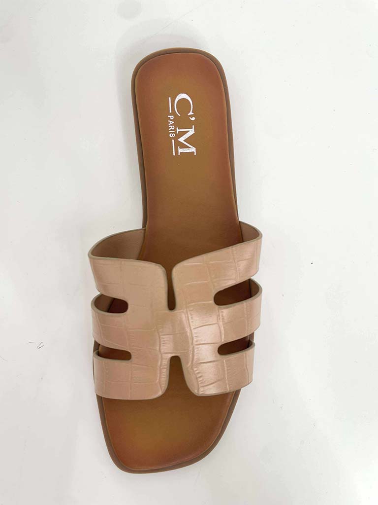 Faux Croc Mule Sandals - Nude
