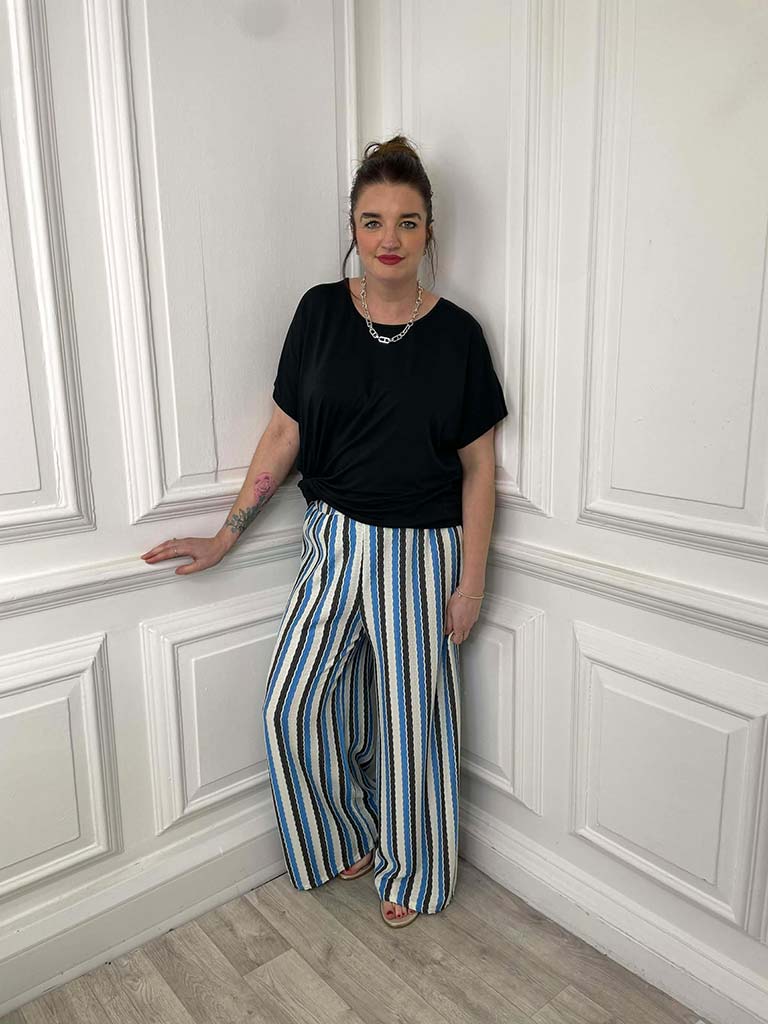 Textured Stripe Wide Leg Trousers - Blue