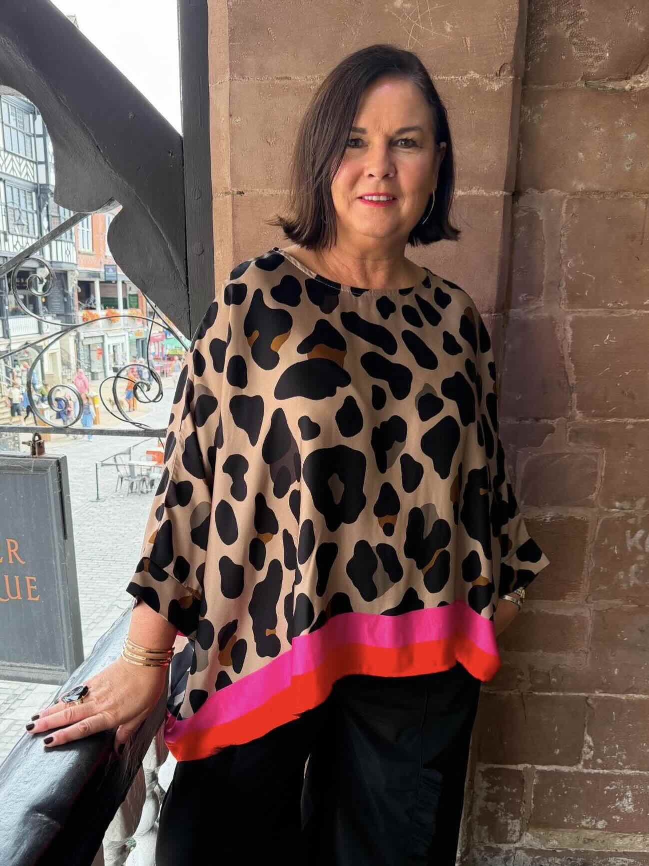 Leopard Border Print Top - Caramel