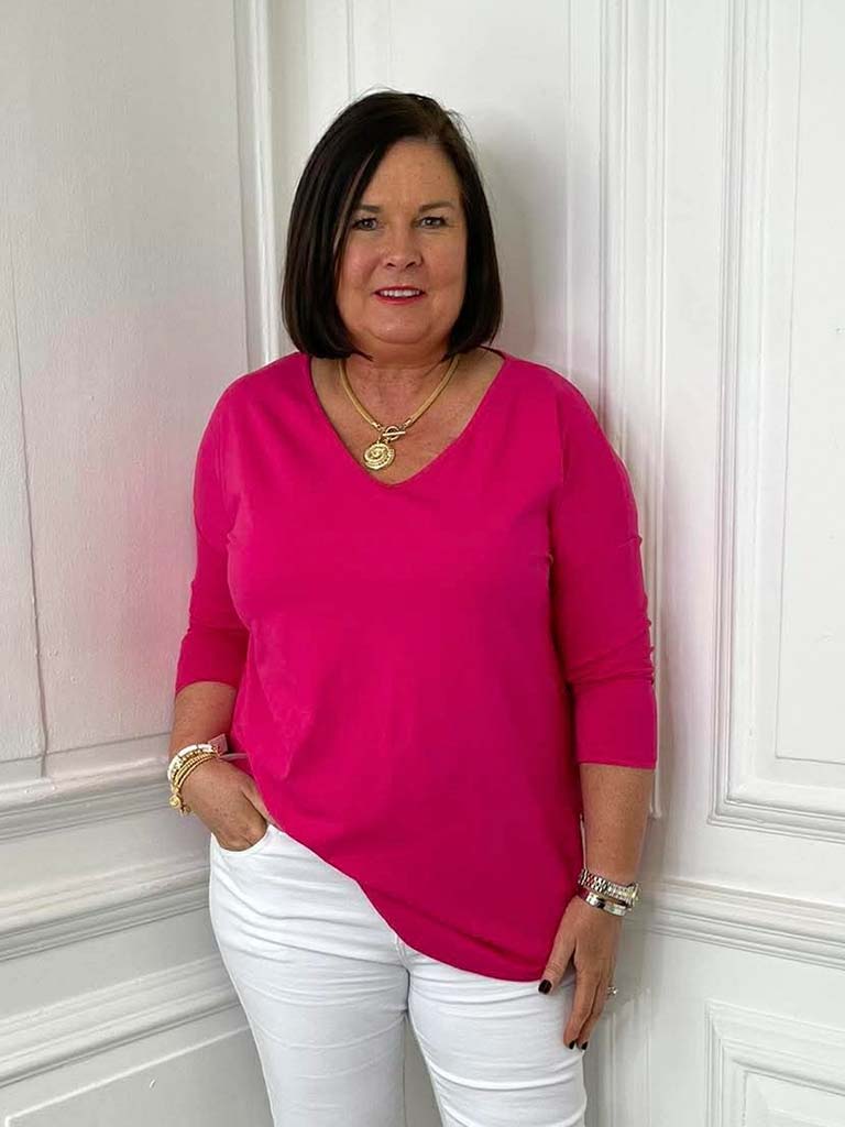 V-Neck Scooped Hem Top - Cerise