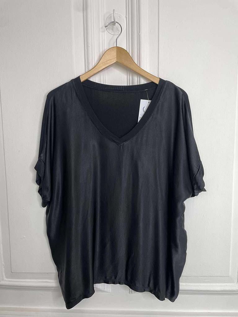 Silk Feel V-Neck Top - Black
