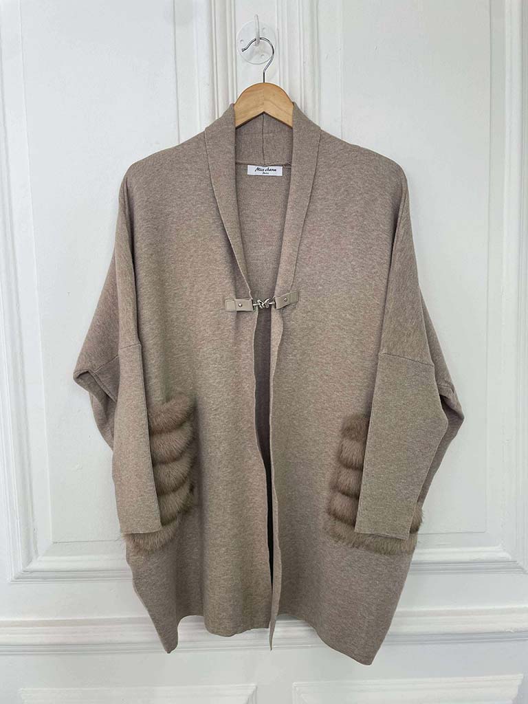 Faux Fur Pocket Cardigan - Fawn