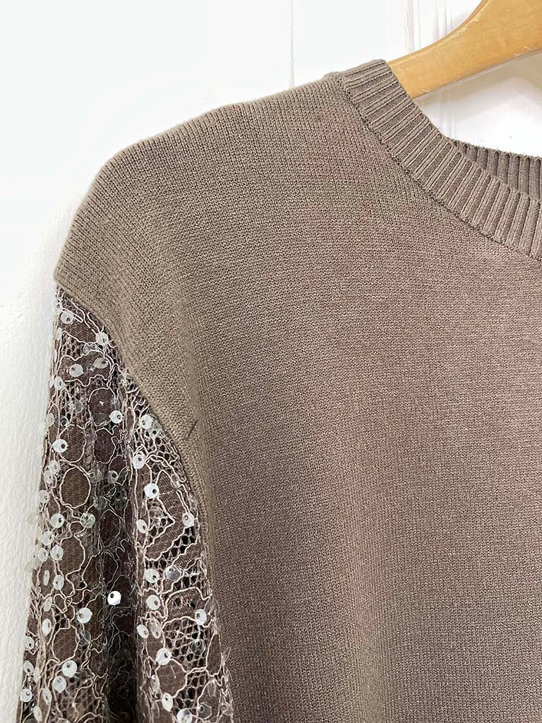 Sequin Lace Sleeve Knit - Taupe
