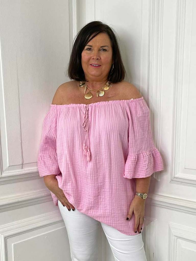 Seersucker Stripe Bardot Top - Blossom