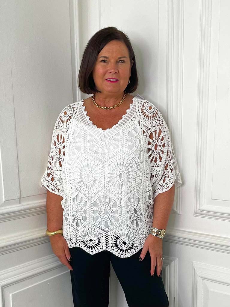 V-Neck Cotton Crochet Top - White