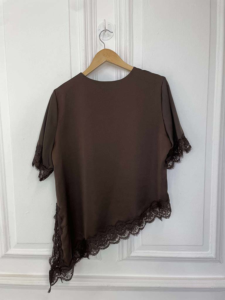 Lace Trim Asymmetric Top - Chocolate