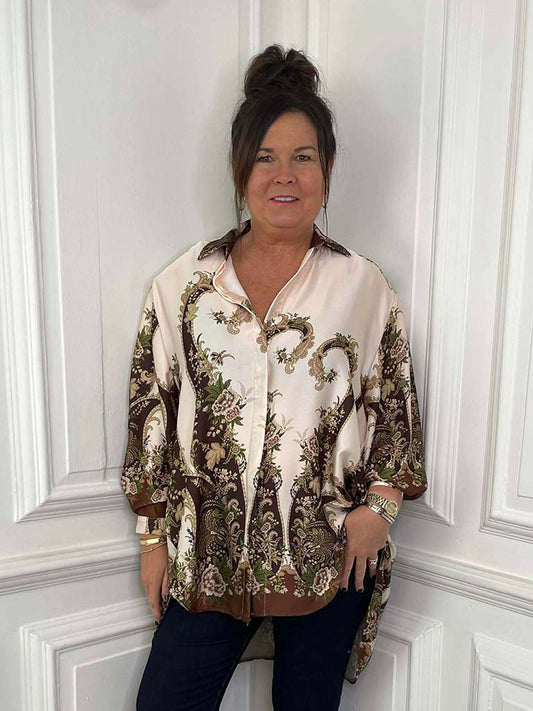 Ornate Floral Silk Feel Shirt - Champagne