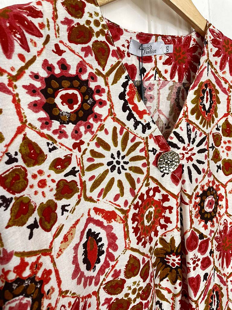 Floral Tile Print Top - Blood Orange