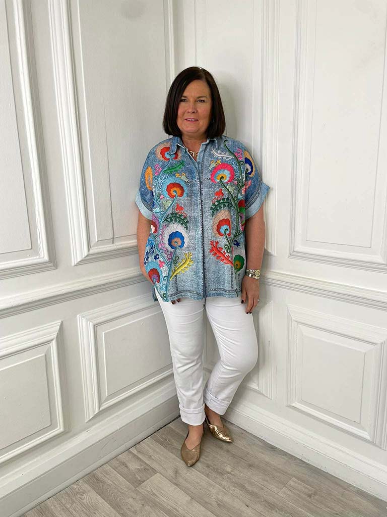 Denim Embroidery Print Shirt