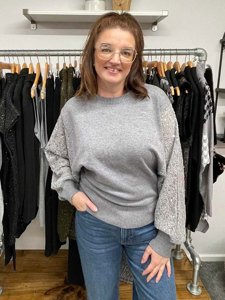 Sequin Lace Sleeve Knit - Silver Grey