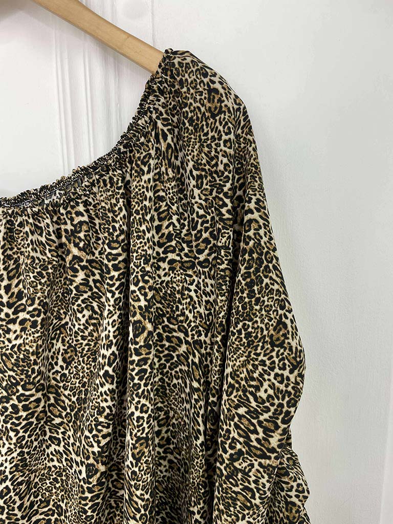 Ruched Sleeve Bardot Top - Leopard