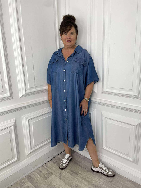 Chambray Denim Shirt Dress - Mid Blue