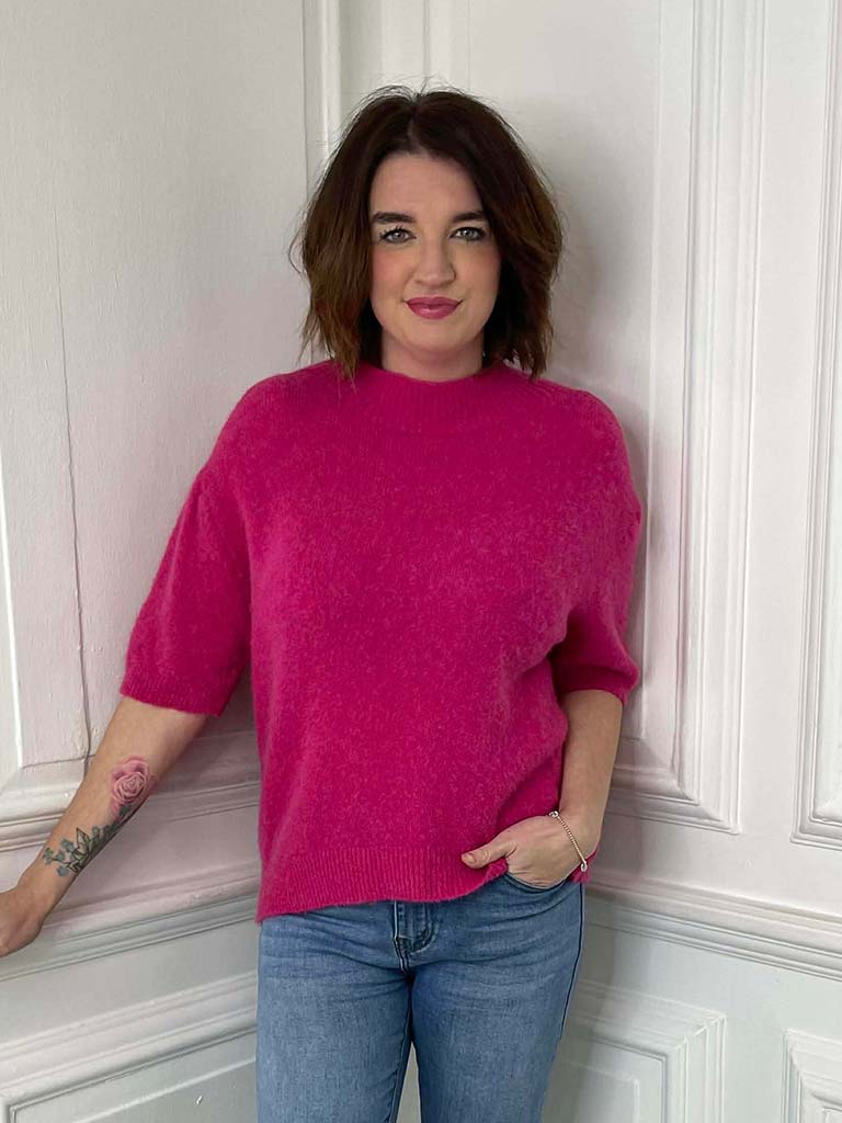 High Neck Short Sleeve Knit - Hot Pink