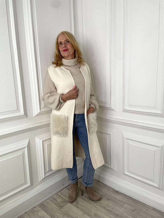 Faux Fur Pocket Knit Waistcoat - Cream