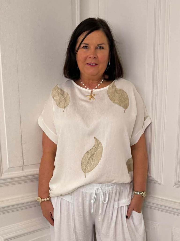 Embroidered Gold Leaf Top - Warm White