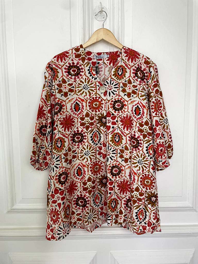Floral Tile Print Top - Blood Orange
