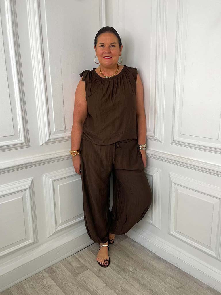 Tie Shoulder Balloon Co-ord - Chocolate