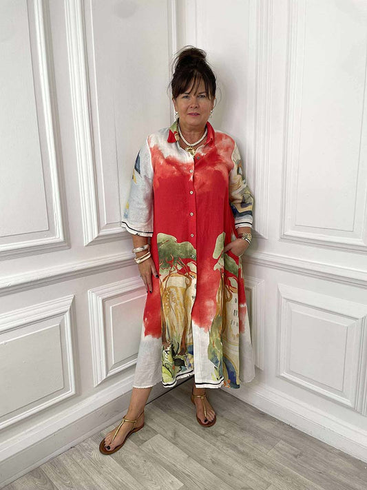 Positano Linen Shirt Dress - Cherry