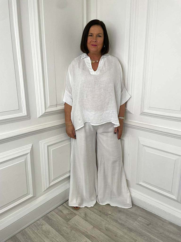 Linen V-Neck Collared Top - White