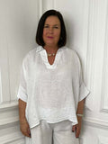 White linen V-neck collared top with relaxed fit and rolled sleeves for modern womens fashion everyday wear. - Linen V-Neck Collared Top - White