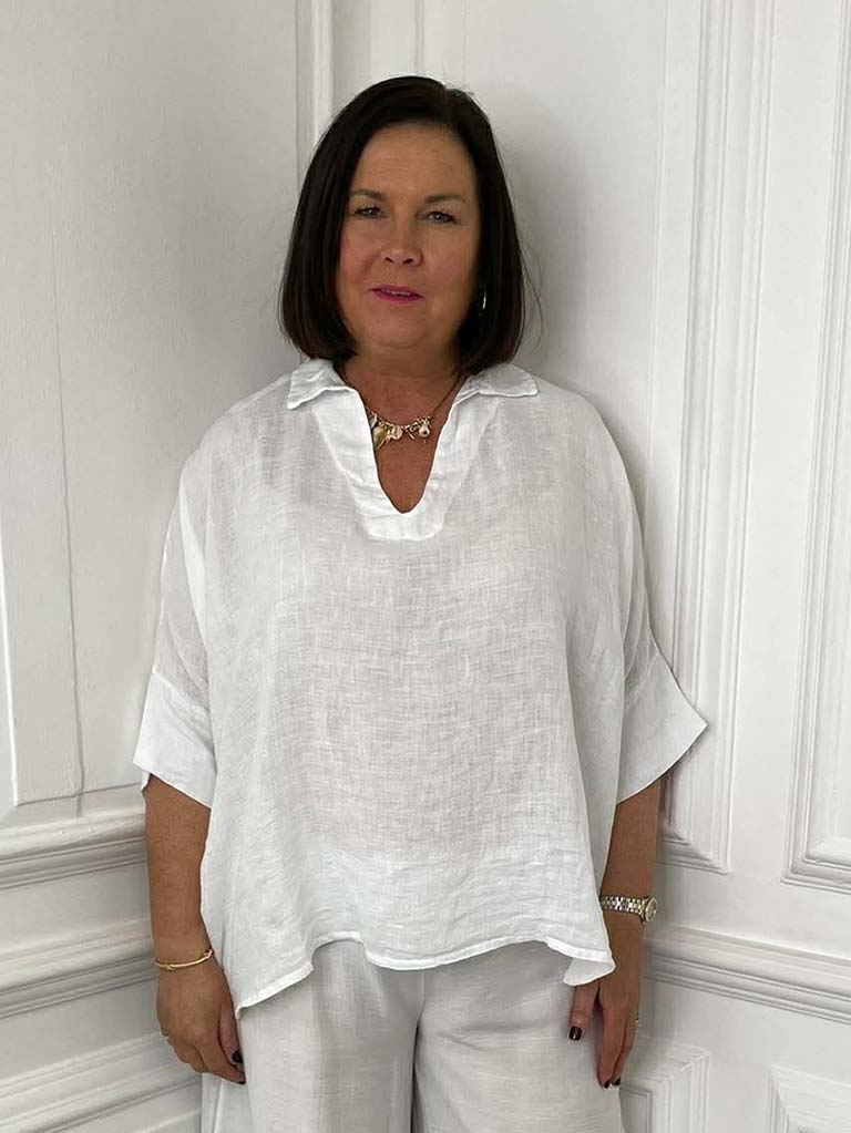White linen V-neck collared top with relaxed fit and rolled sleeves for modern womens fashion everyday wear. - Linen V-Neck Collared Top - White