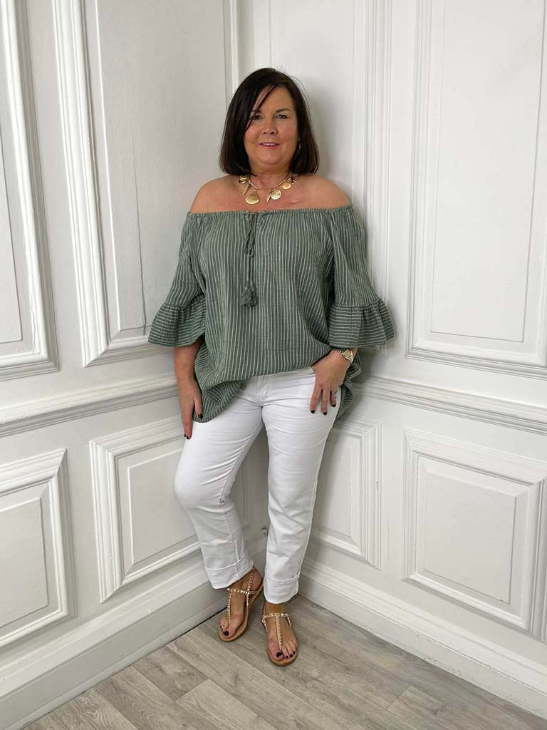 Seersucker Stripe Bardot Top - Khaki