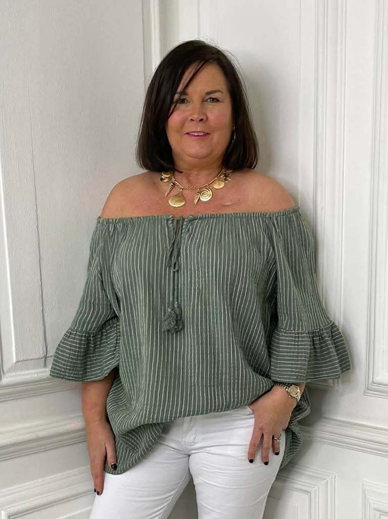 Seersucker Stripe Bardot Top - Khaki